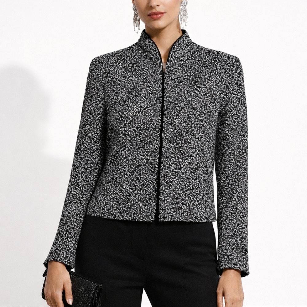 Jeanne Alexander Embroidered Metallic Zip Front Jacket Black Silver Medium